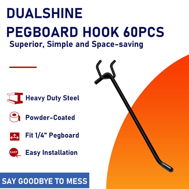 دوال شاين Dualshine 60 قطعة خطاف Pegboard أسود 2/4/6 بوصة خطاف جدار Pegboard شديد التحمل خطاف رفوف PegBoard مناسب 1/4 بوصة PegBoard معدني معلق Pegboard عرض هوك حامل منظم لمتجر المطبخ - Image 2